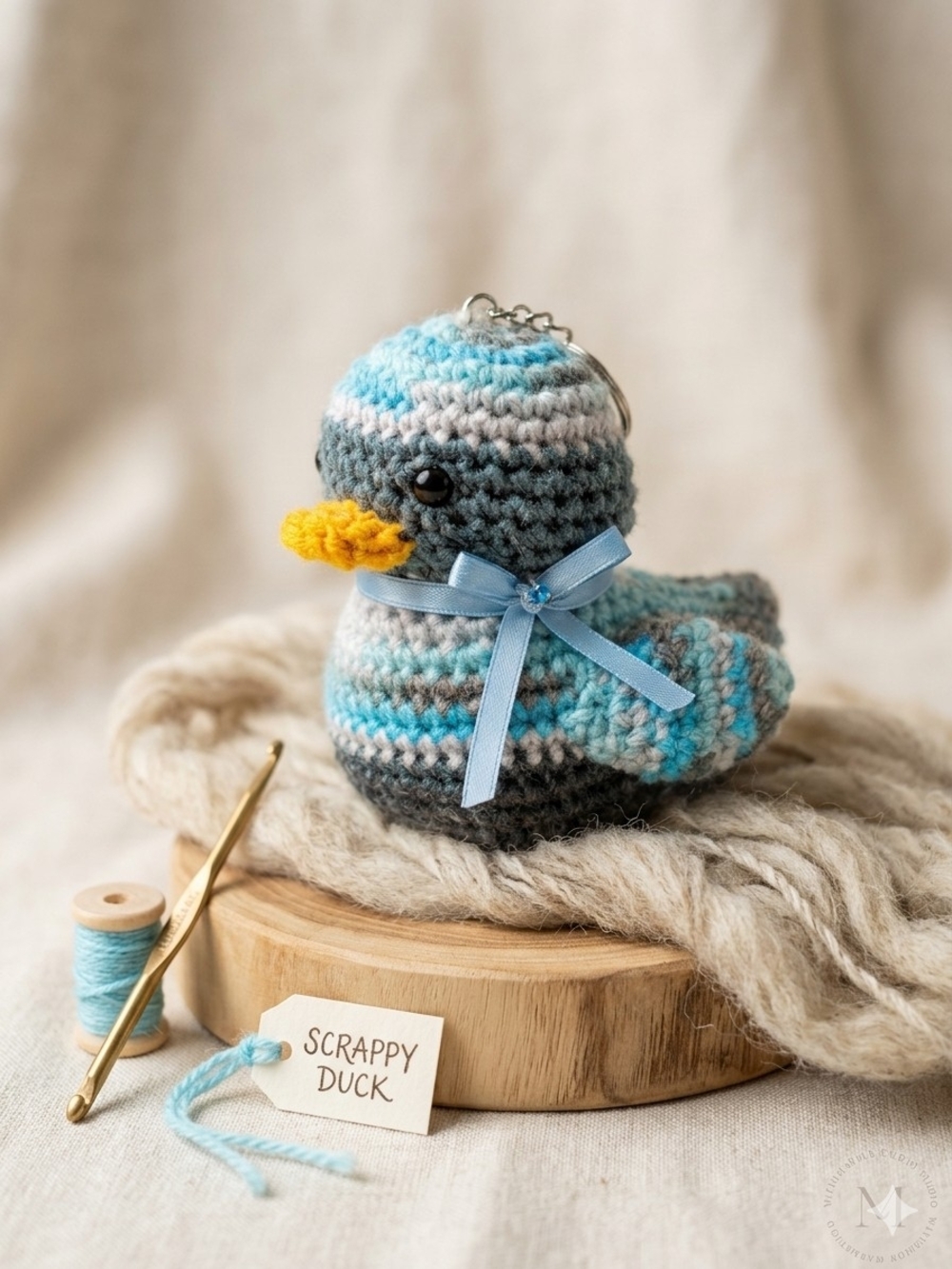 Striped Crocheted Duck Keychain Blue & Gray Like New
